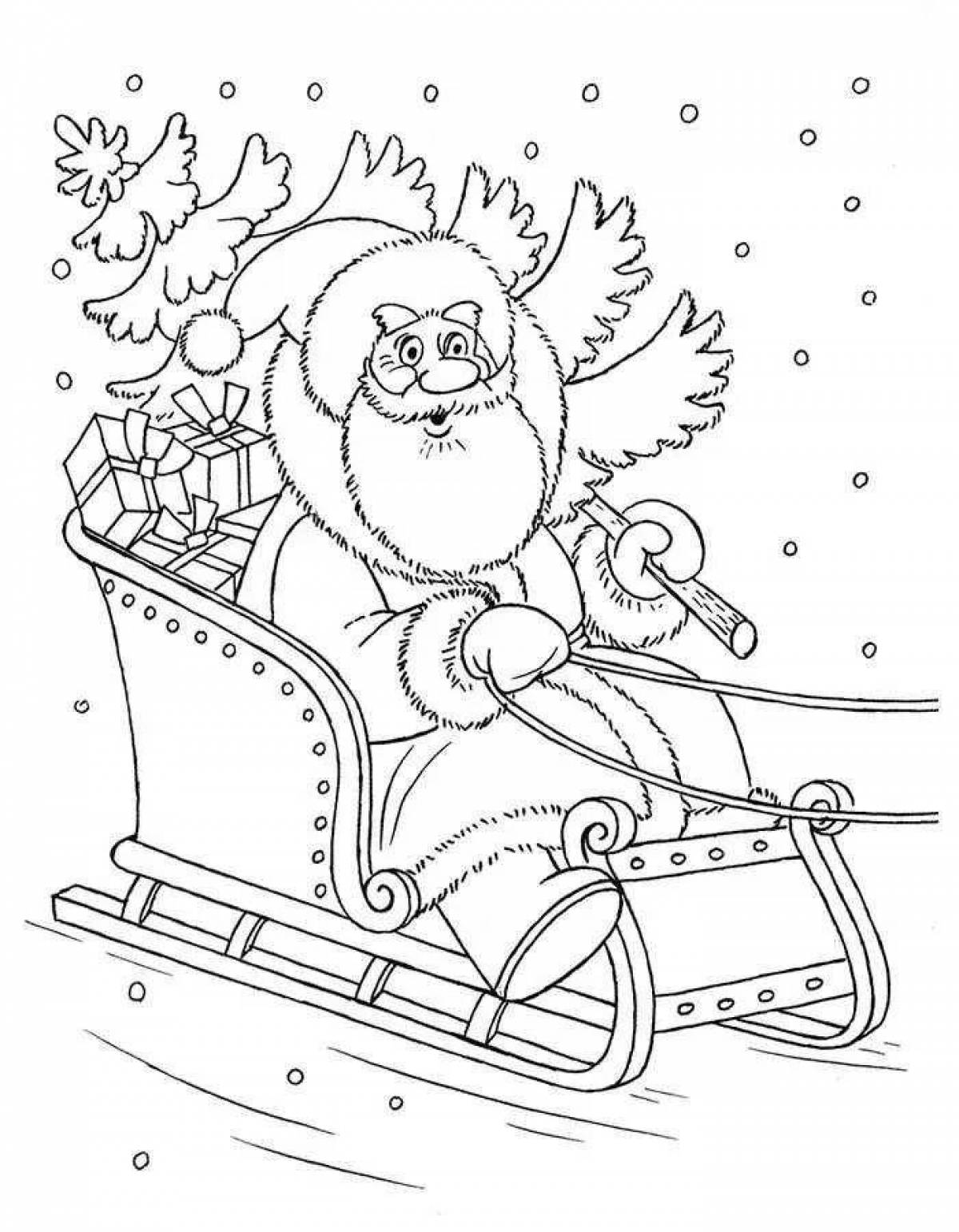 Coloring page quirky santa claus on sleigh