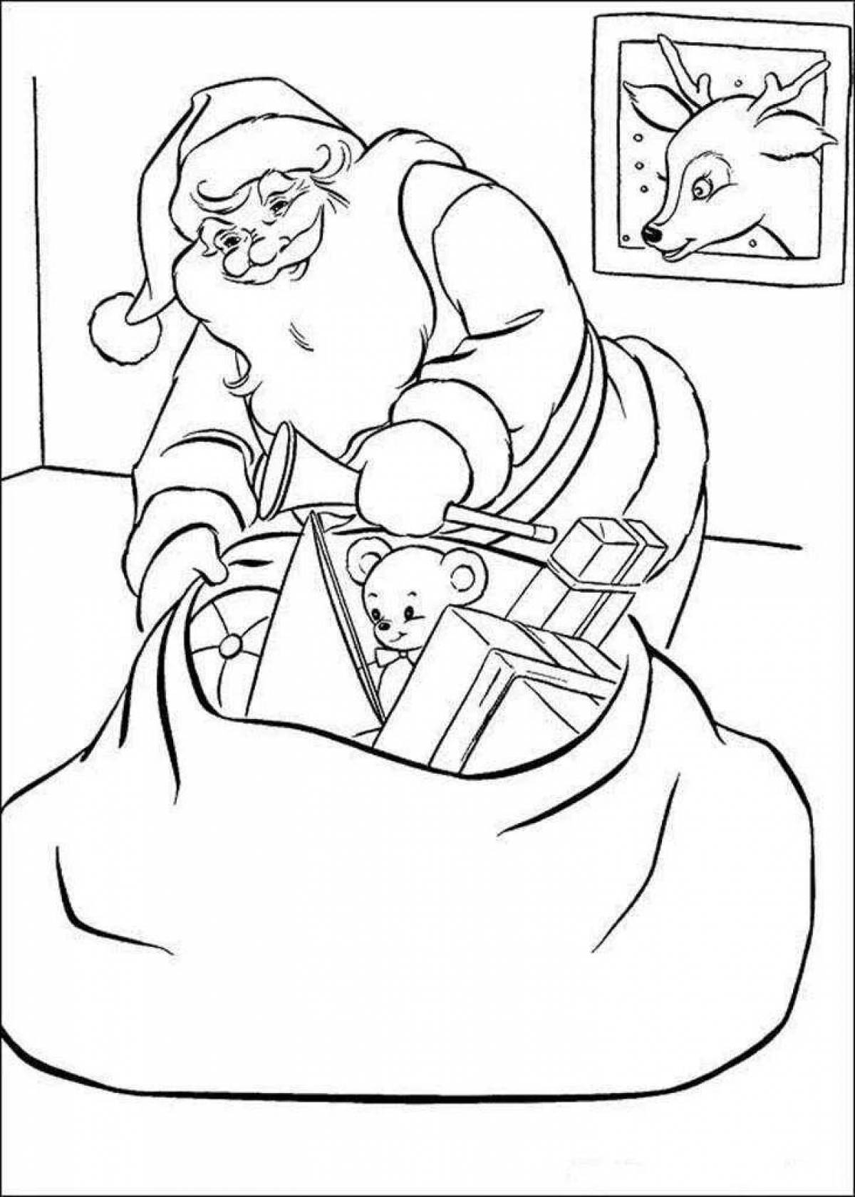 Coloring book cheerful Santa Claus with a bag