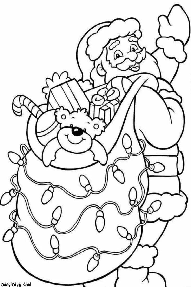 Coloring page glowing santa claus with a bag