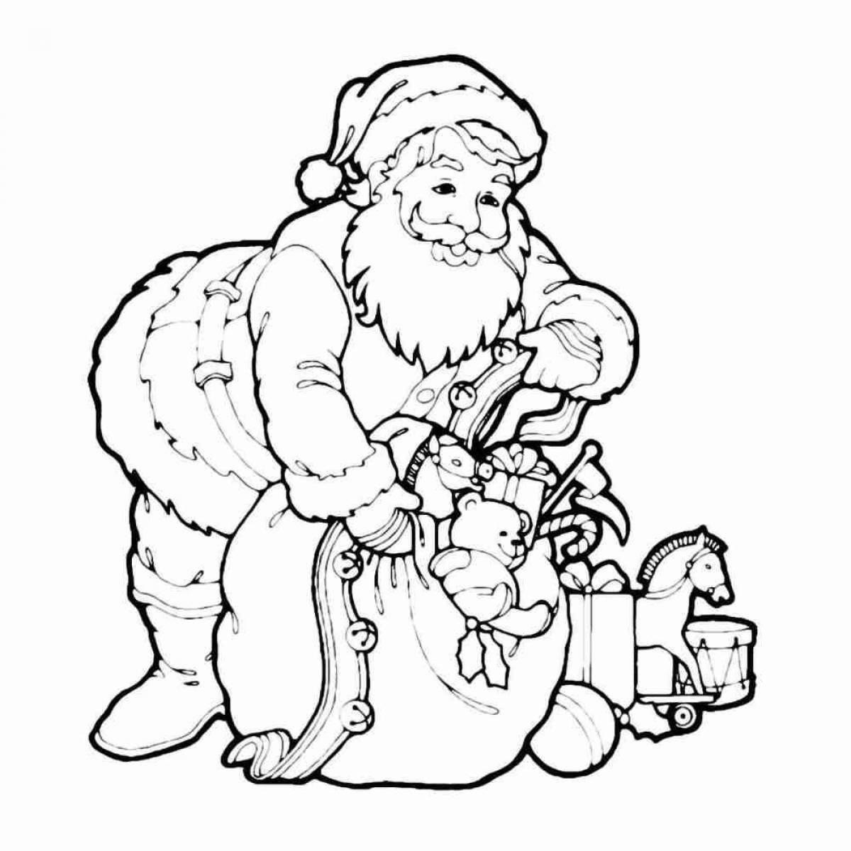 Coloring page energetic Santa Claus with a bag