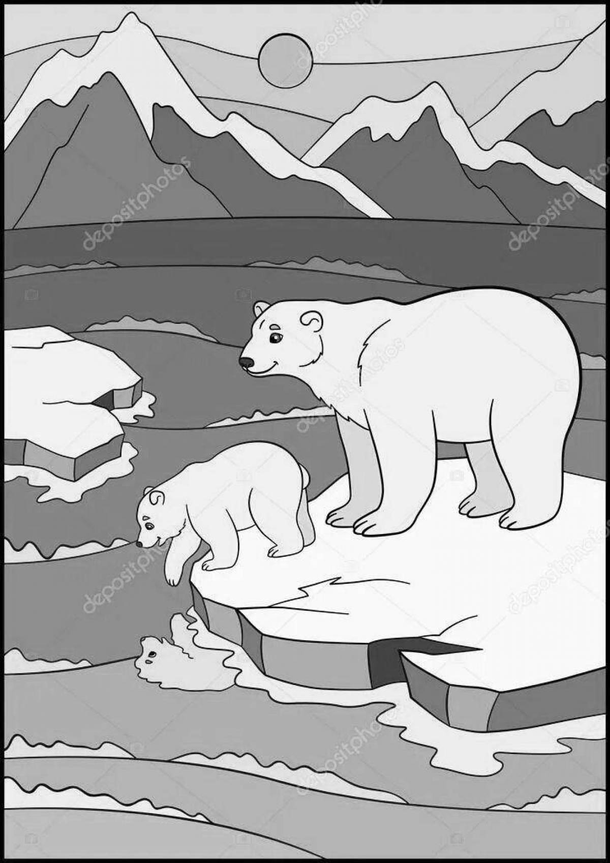 Coloring book playful polar bear on ice