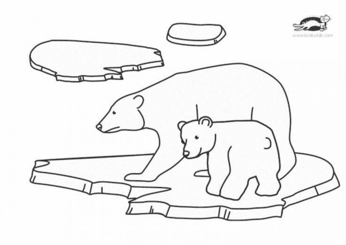 Coloring book of a joyful polar bear on ice