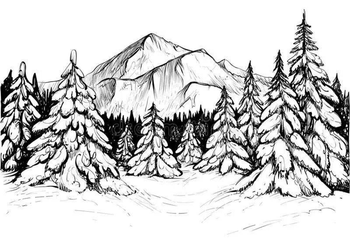 Зимний пейзаж карандашом с елочкой