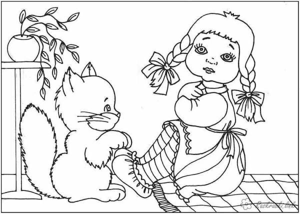 Раскраска девочка с котиком