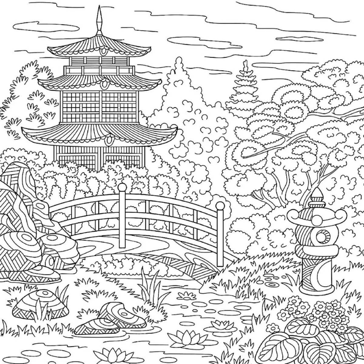 Coloring page serene japanese landscape