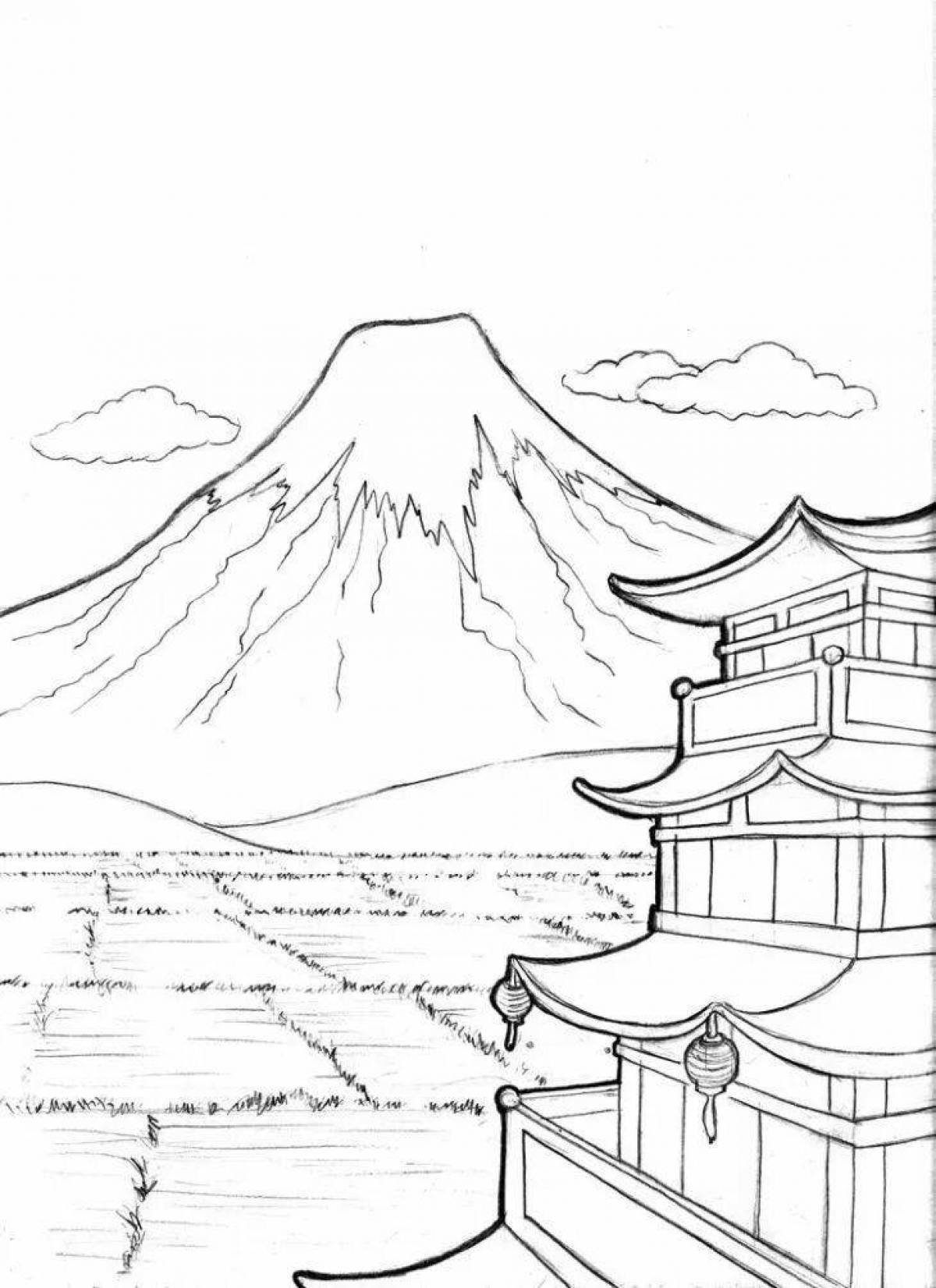 Coloring book idyllic japanese landscape