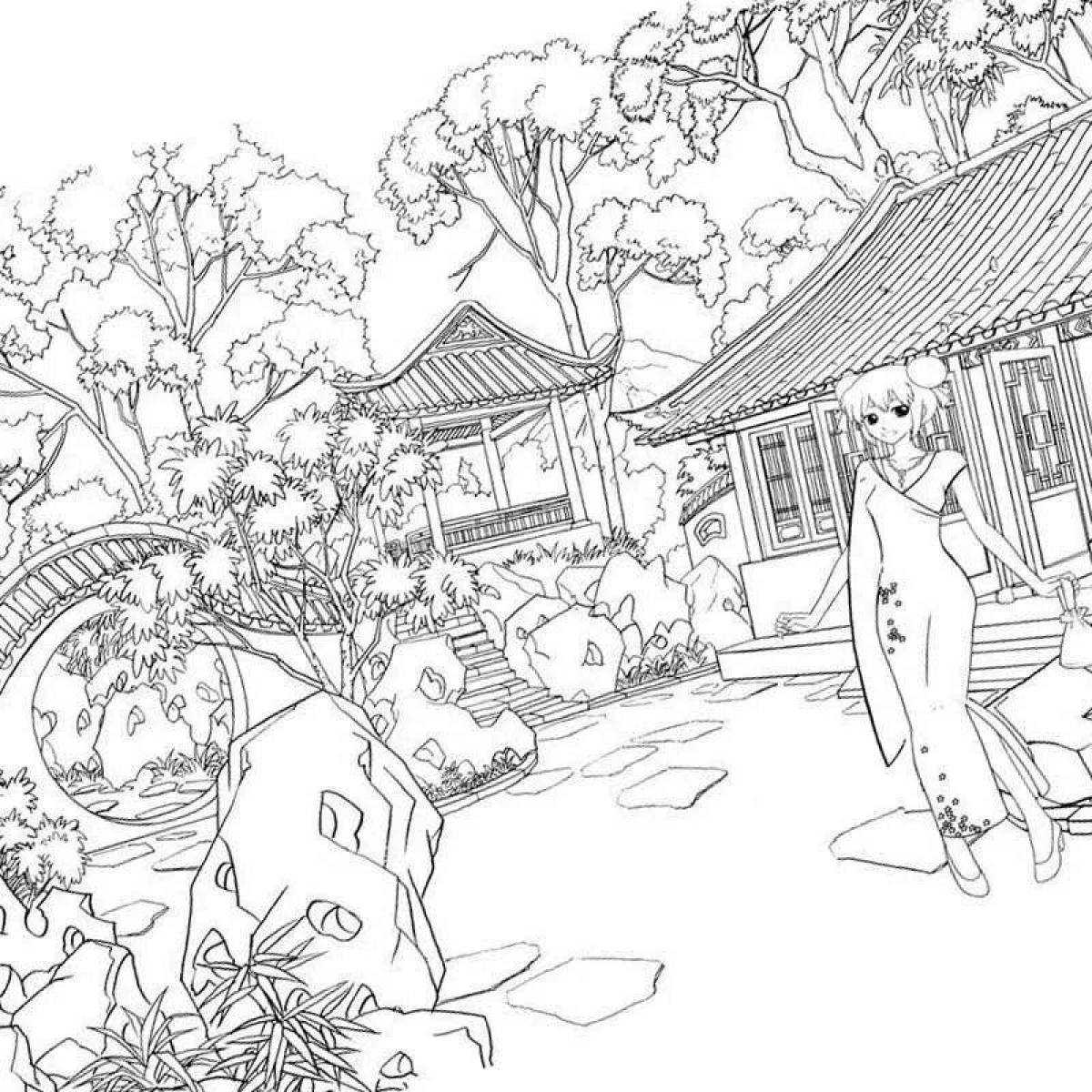 Coloring book for bright Japanese landscape