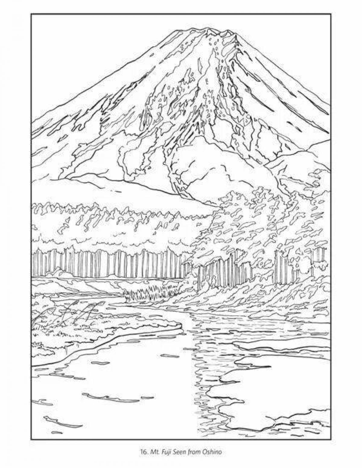 Coloring book peaceful Japanese landscape
