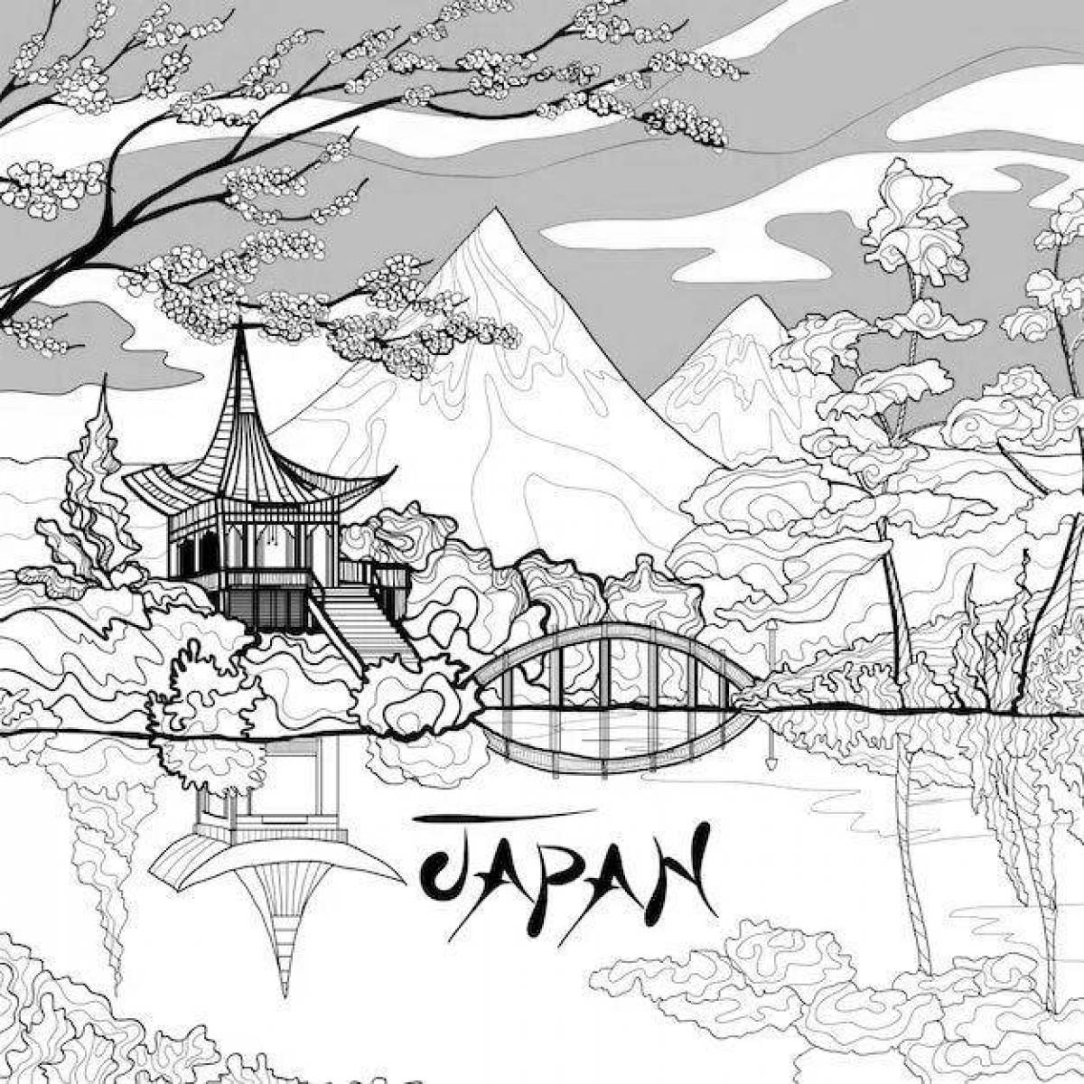 Refreshing Japanese landscape coloring page
