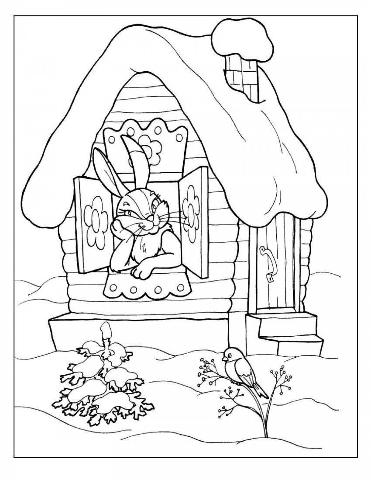 Coloring book playful hare hut