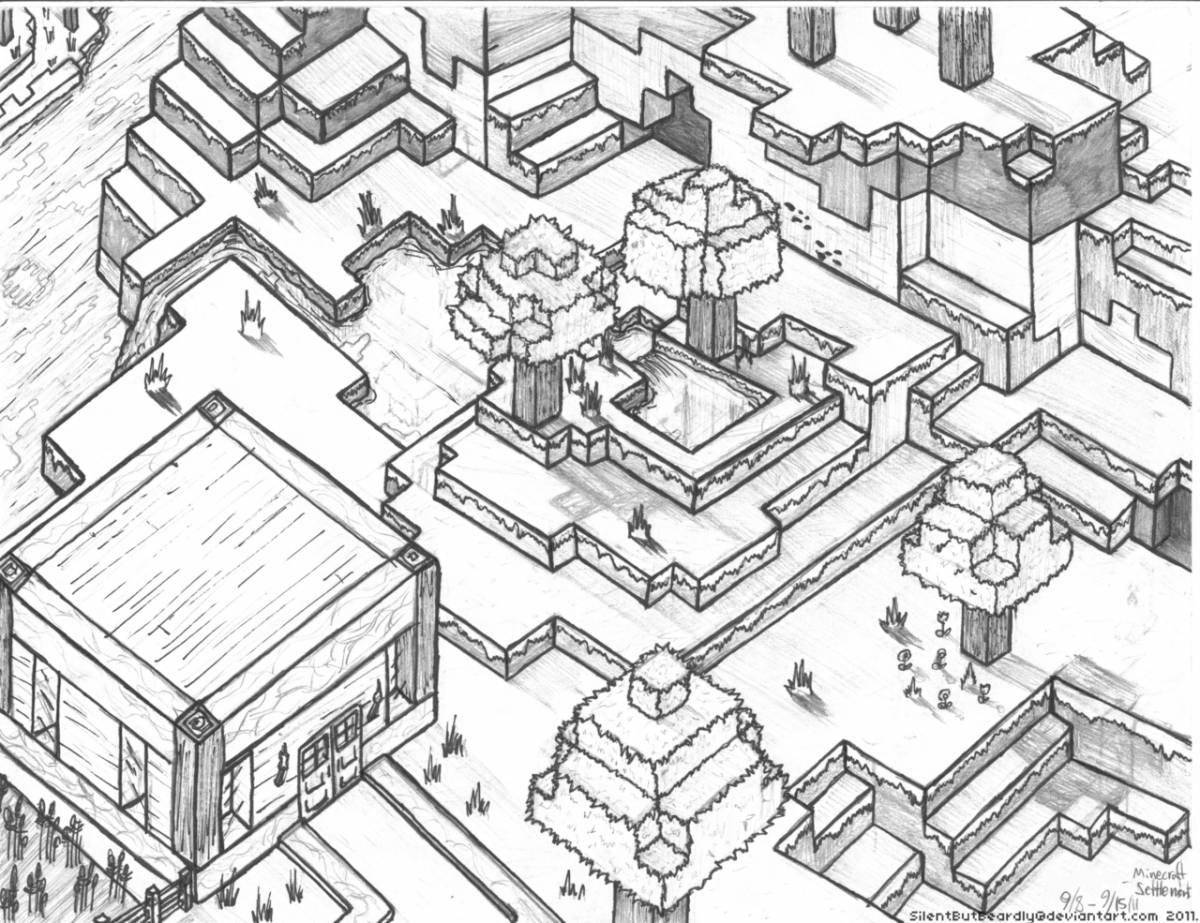 Playful minecraft city coloring page