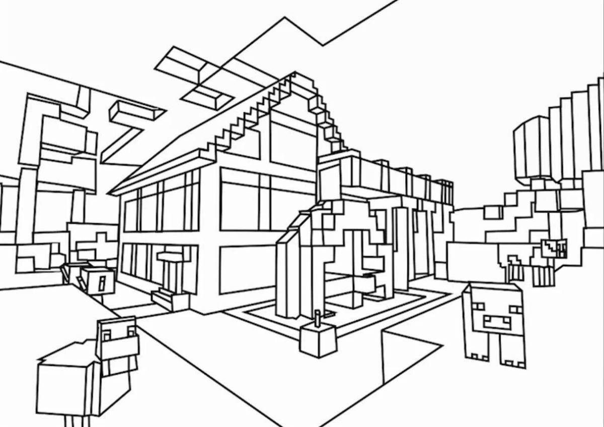 Humorous minecraft city coloring page