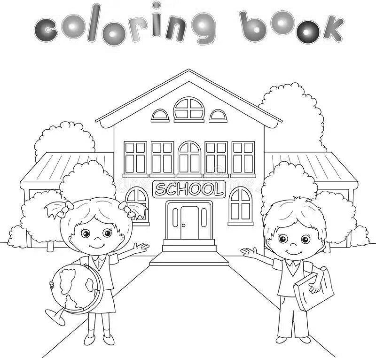 Coloring page happy school building
