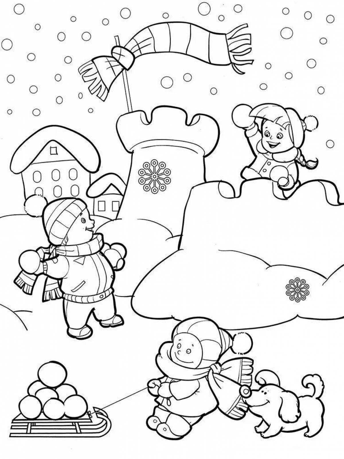 Оживленная игра в снежки раскраска