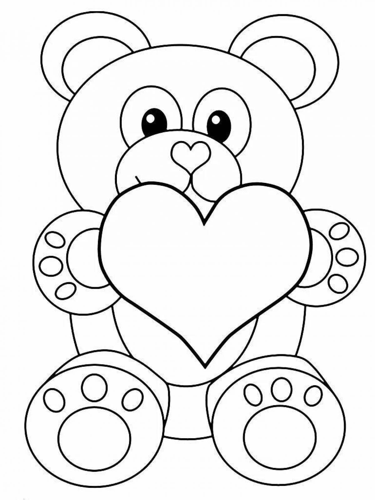 Playful teddy bear with heart coloring book
