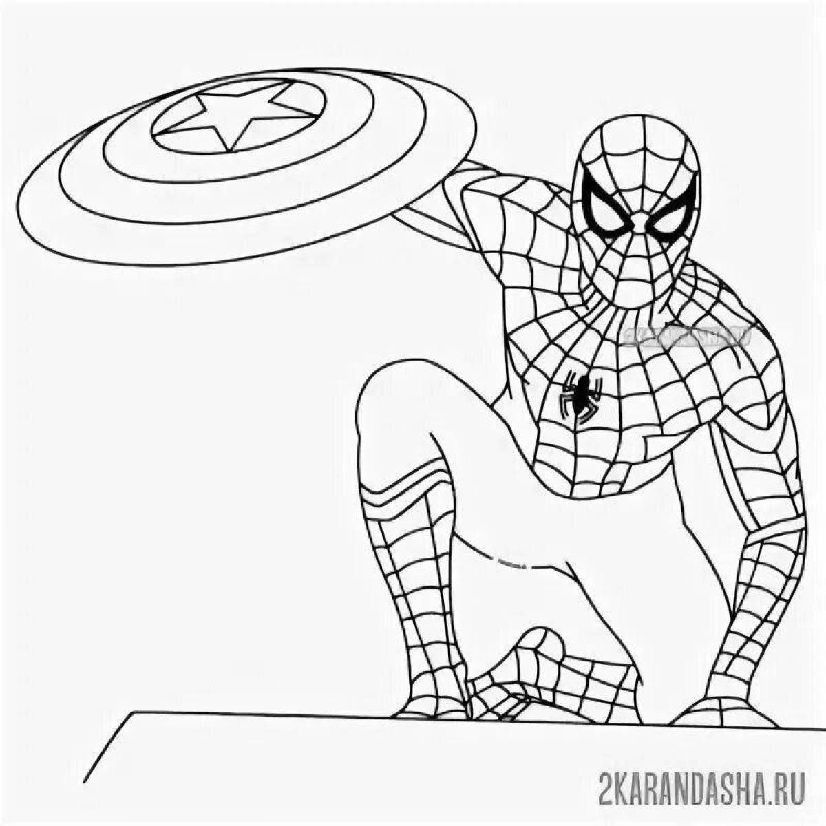 Charming spiderman with shield coloring book
