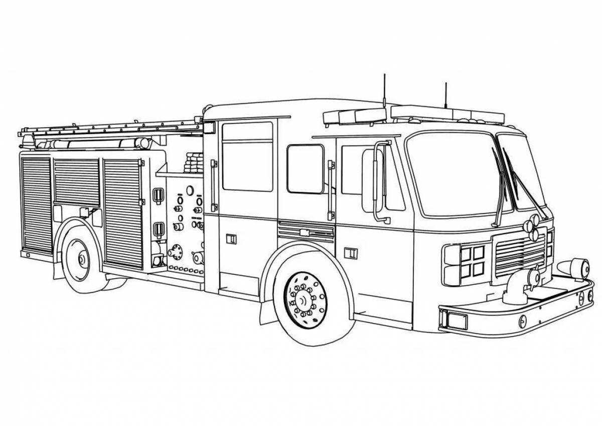 Coloring page adorable boys with a fire truck