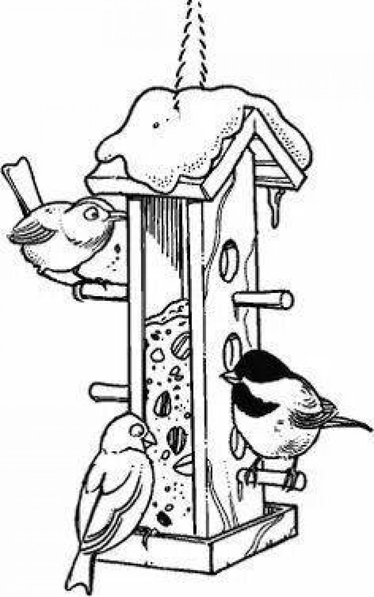 Amazing coloring pages of a bird at the feeder in winter