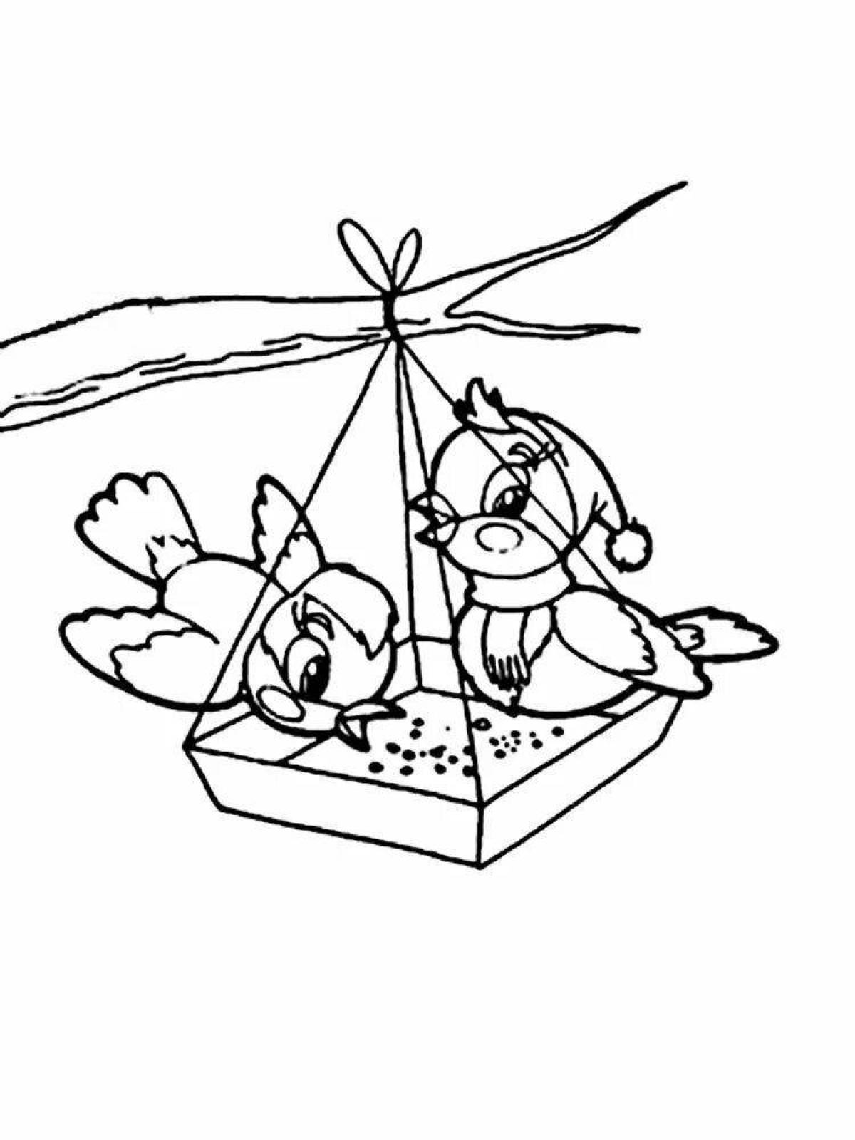 Serene coloring page birds at the feeder in winter