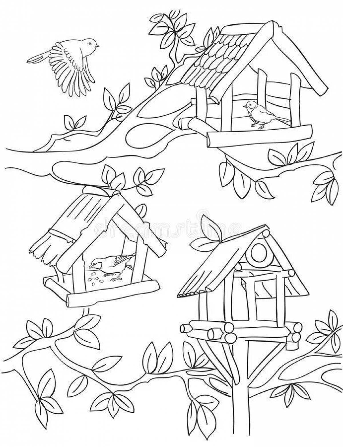 Radiant coloring page birds at the feeder in winter