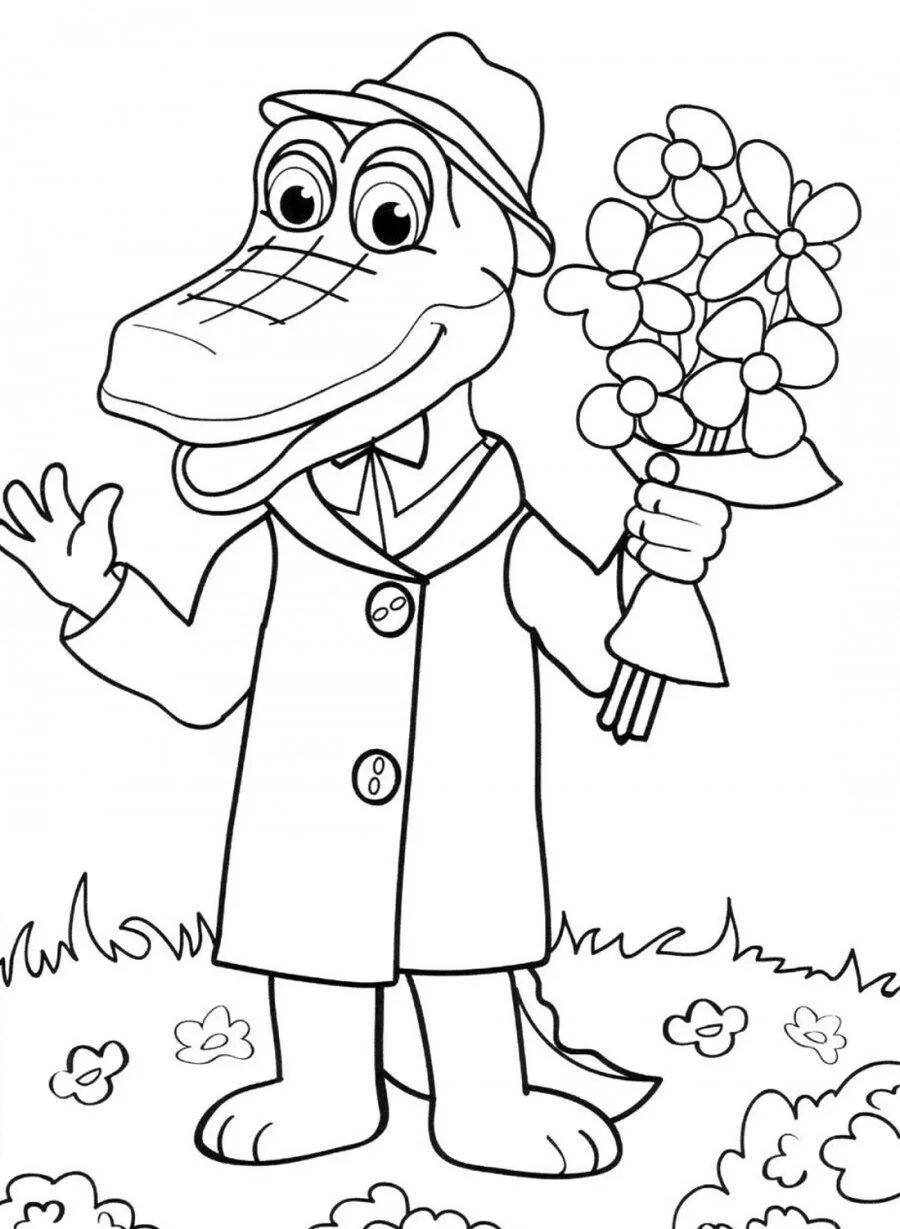 Coloring page joyful cheburashka and crocodile gene