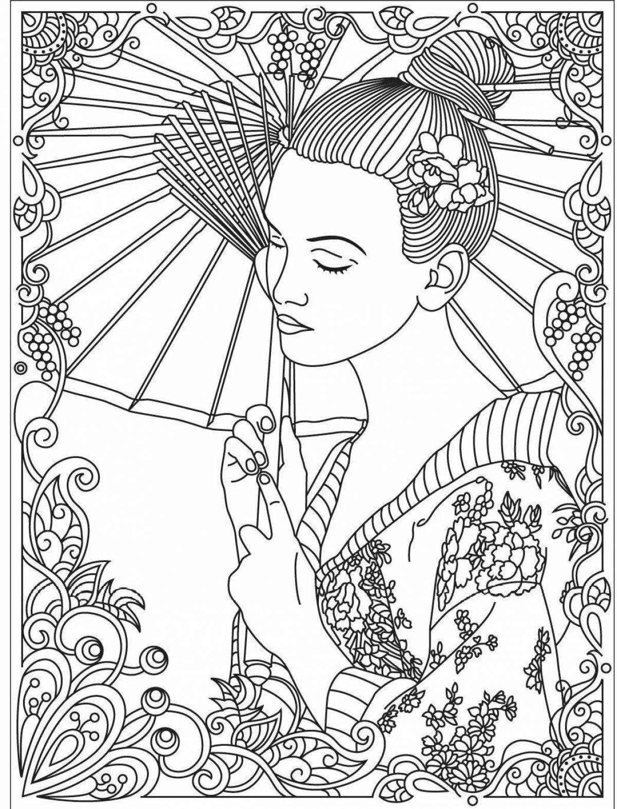 Adorable geisha coloring page