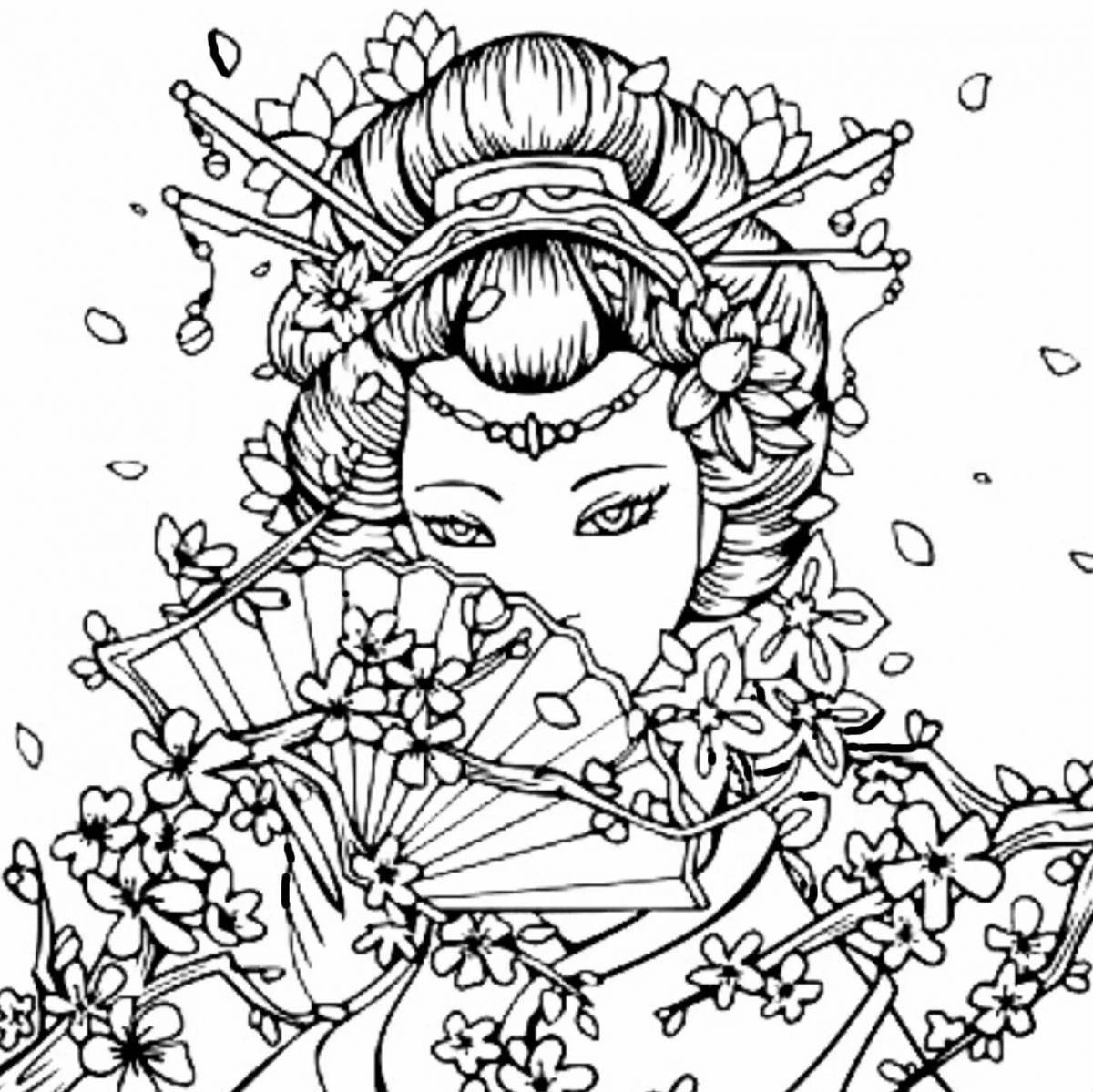 Delightful geisha coloring page