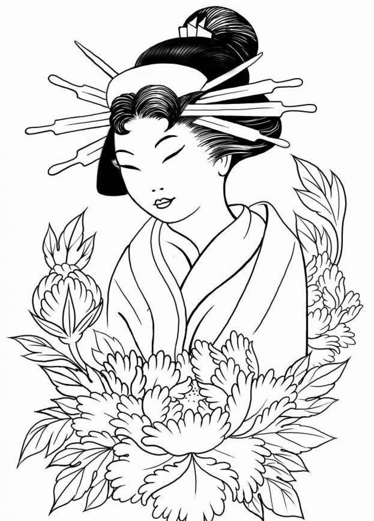 Coloring page joyful geisha