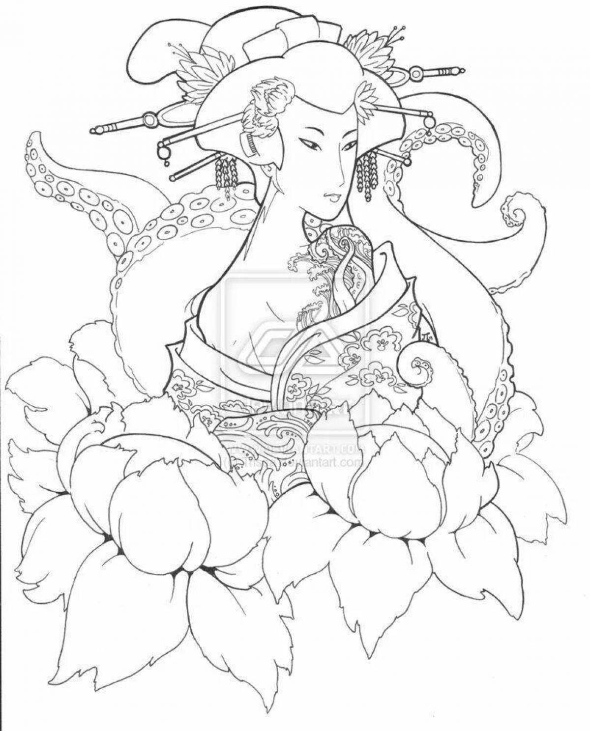Coloring book cheerful geisha