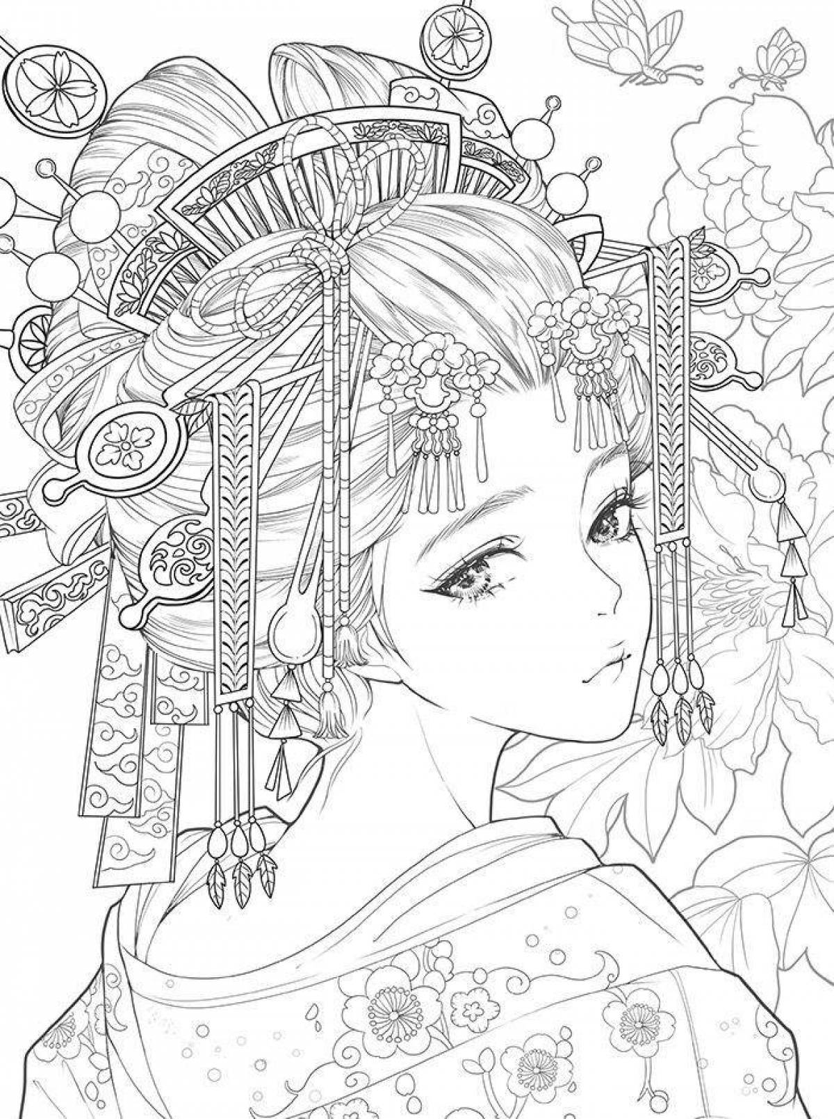 Анимированная страница раскраски гейши