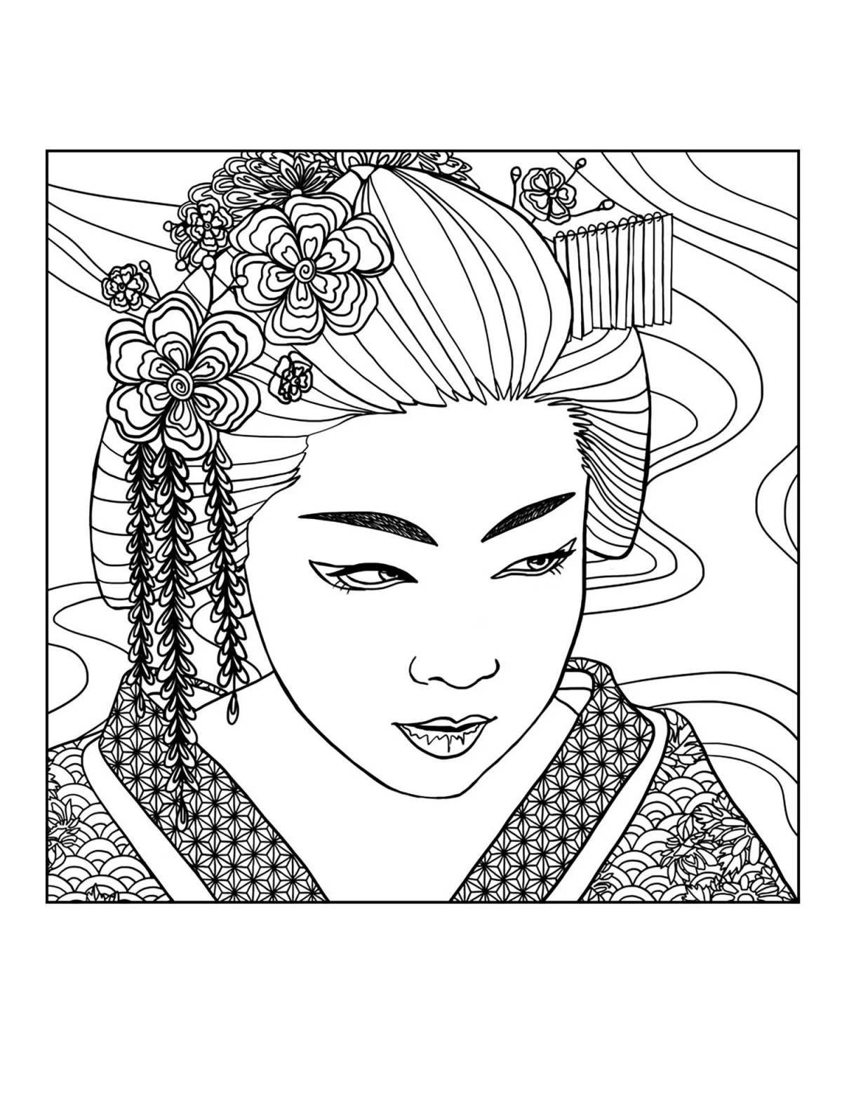 Mysterious geisha coloring page
