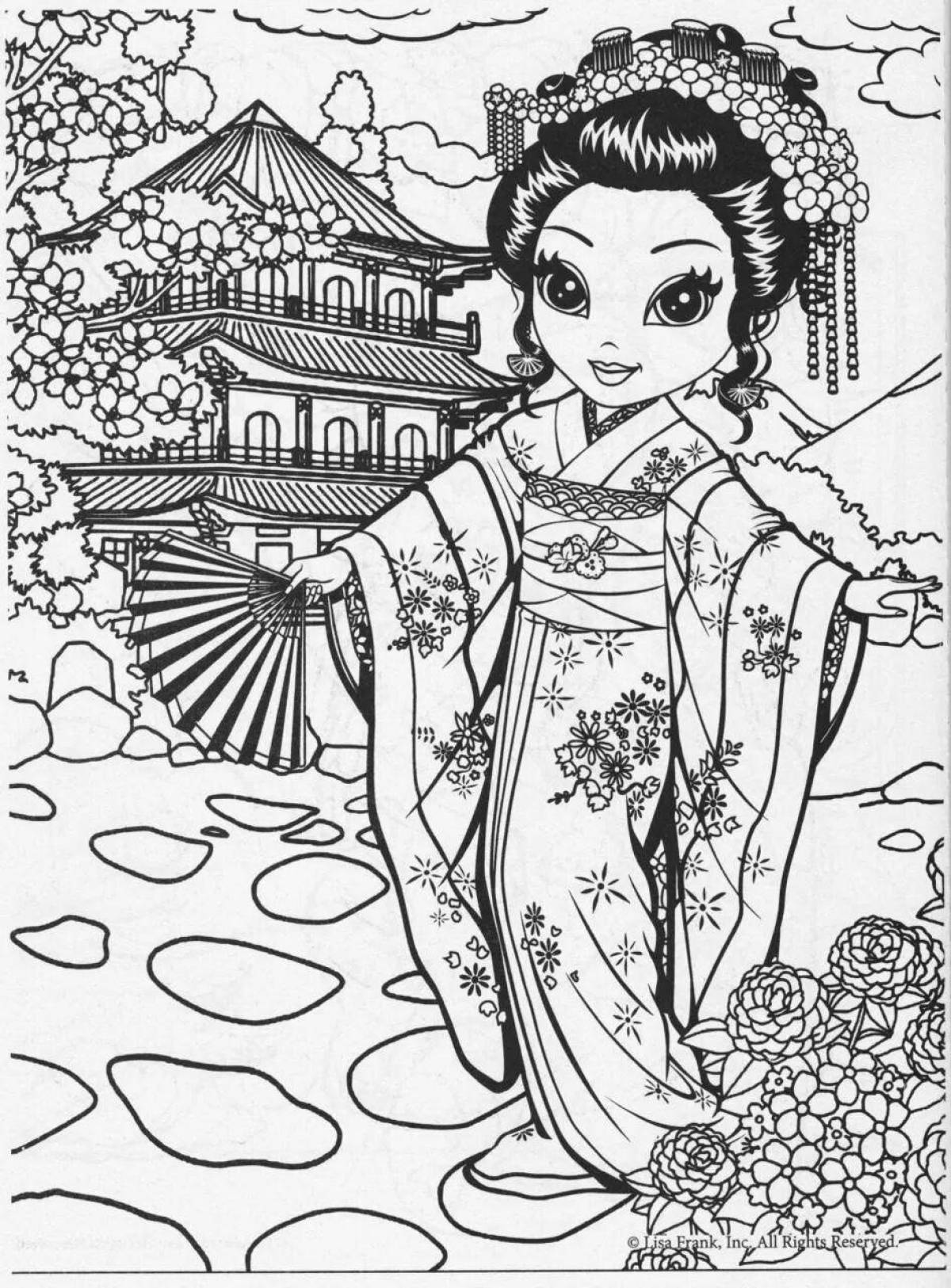 Замысловатая страница раскраски гейши