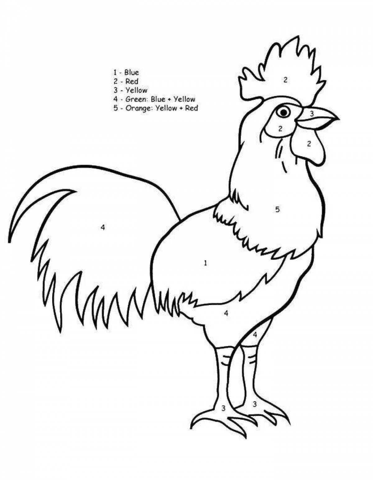 Coloring page of a dazzlingly colored rooster