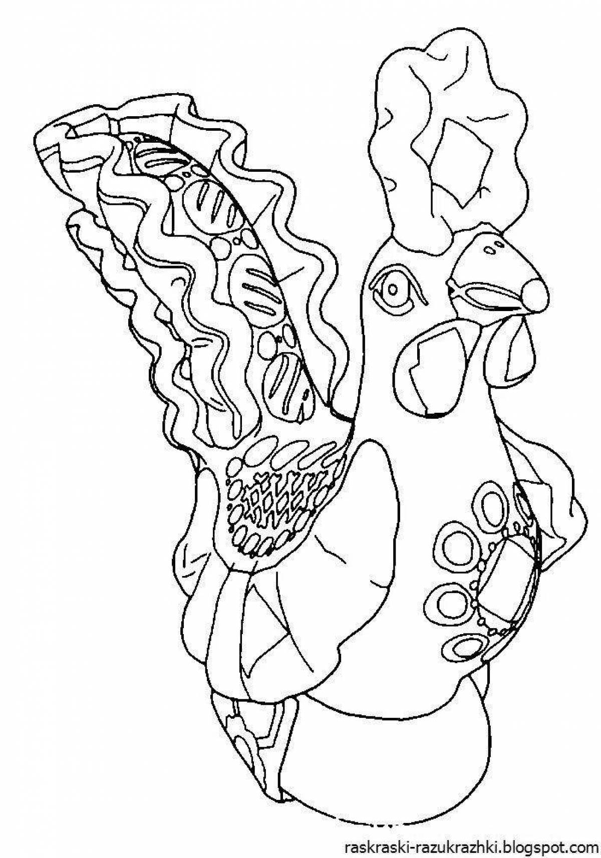 Coloring page charming dymkovo cockerel