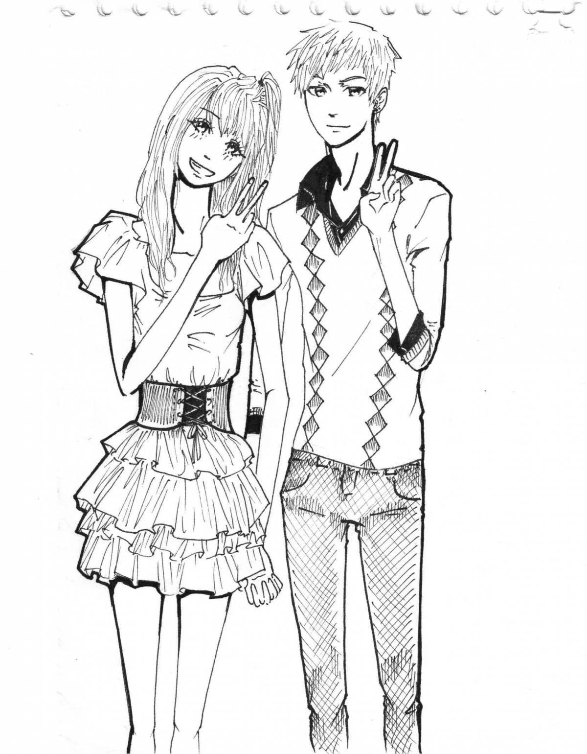 Coloring page of a piercing anime couple