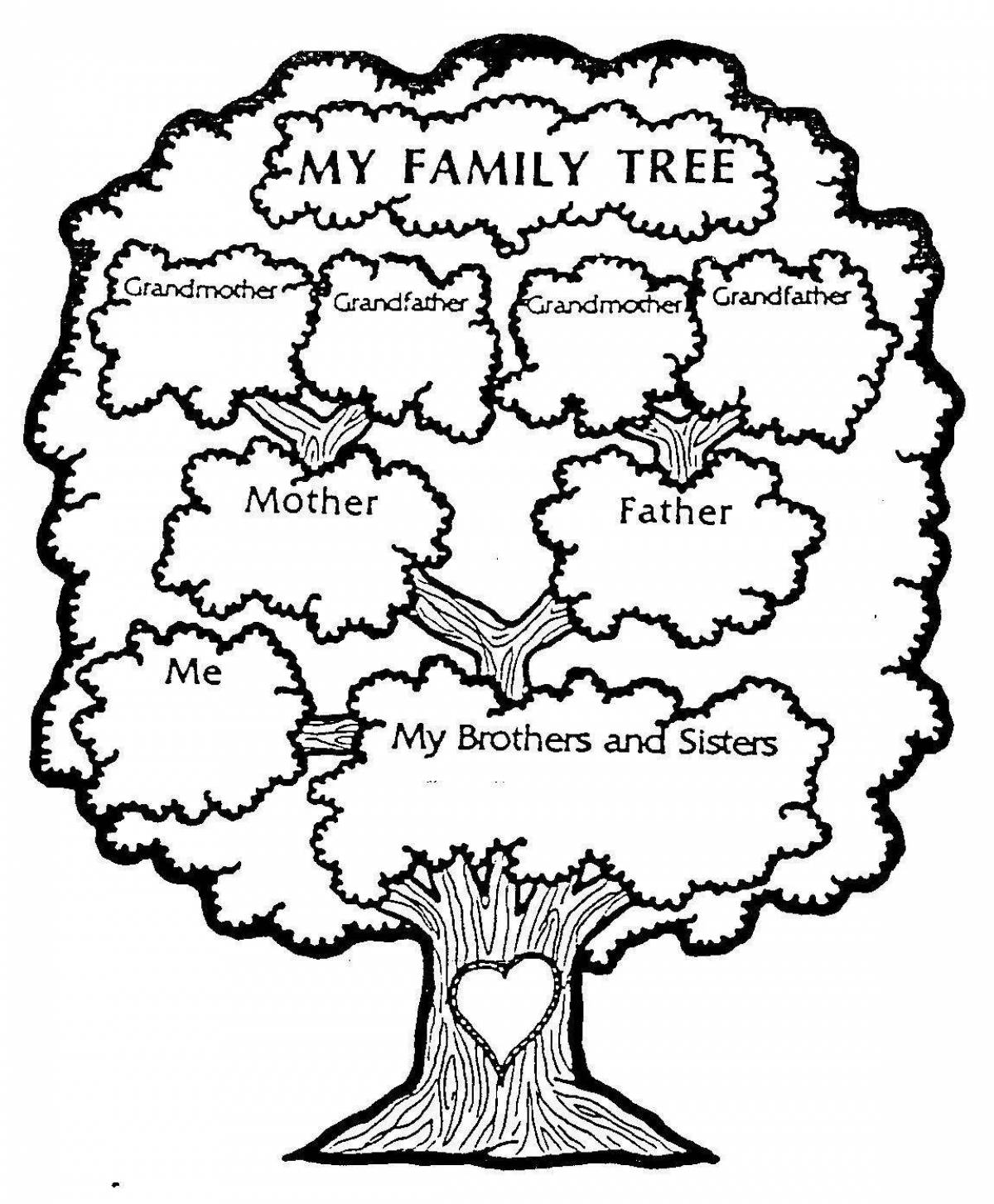 Family tree coloring page with color splatter
