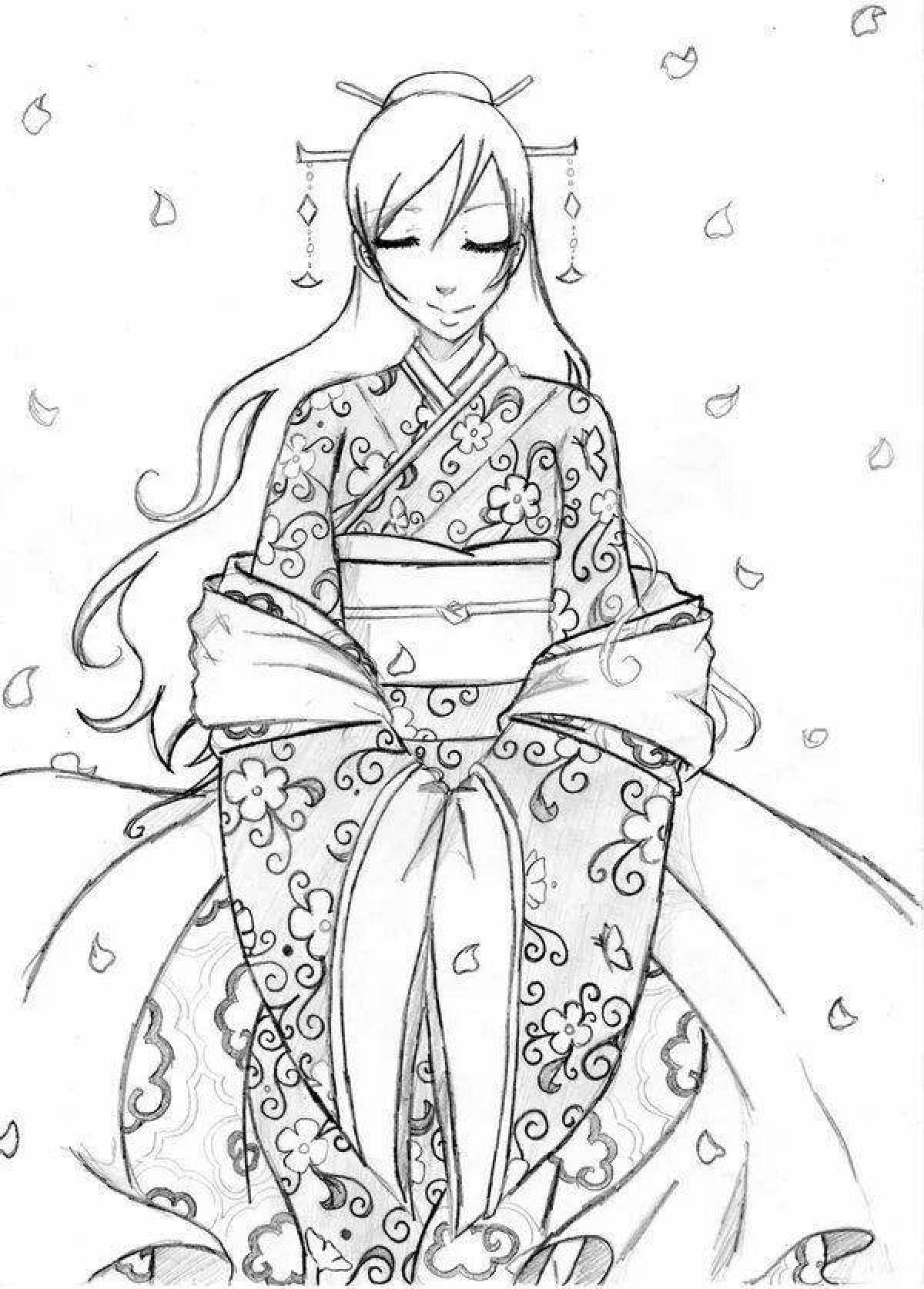 Девушка в кимоно раскраска