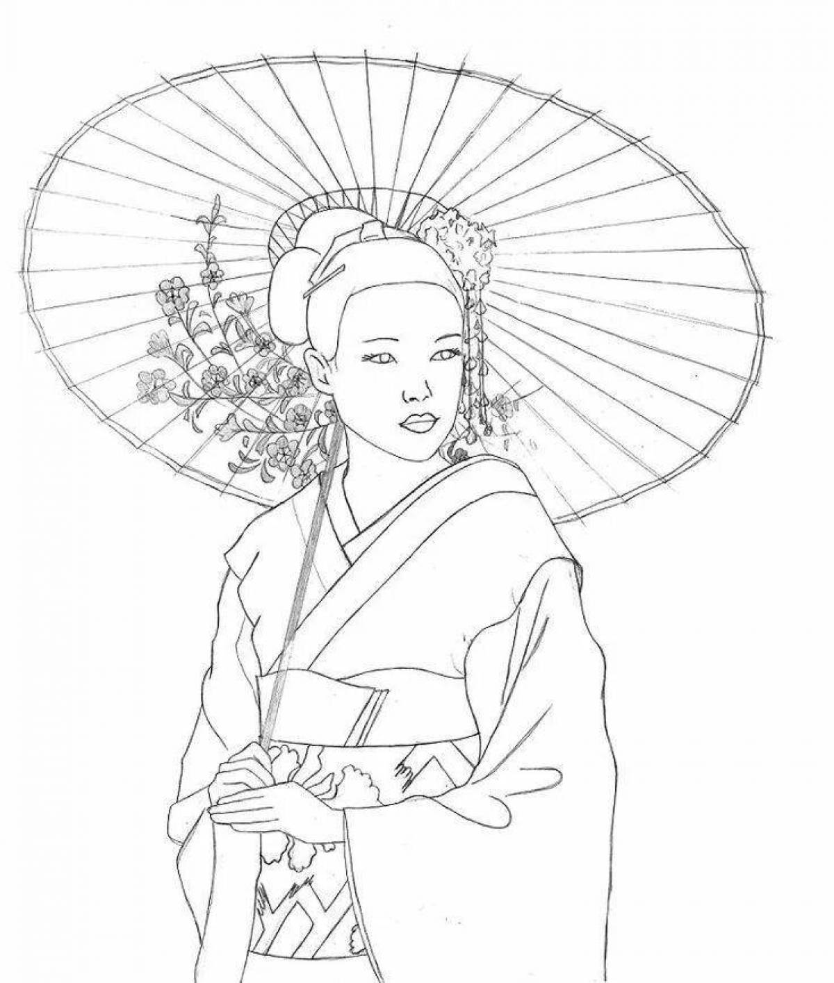Японская девушка в кимоно карандашом