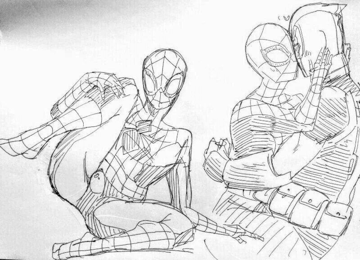 Coloring page elegant deadpool and spiderman