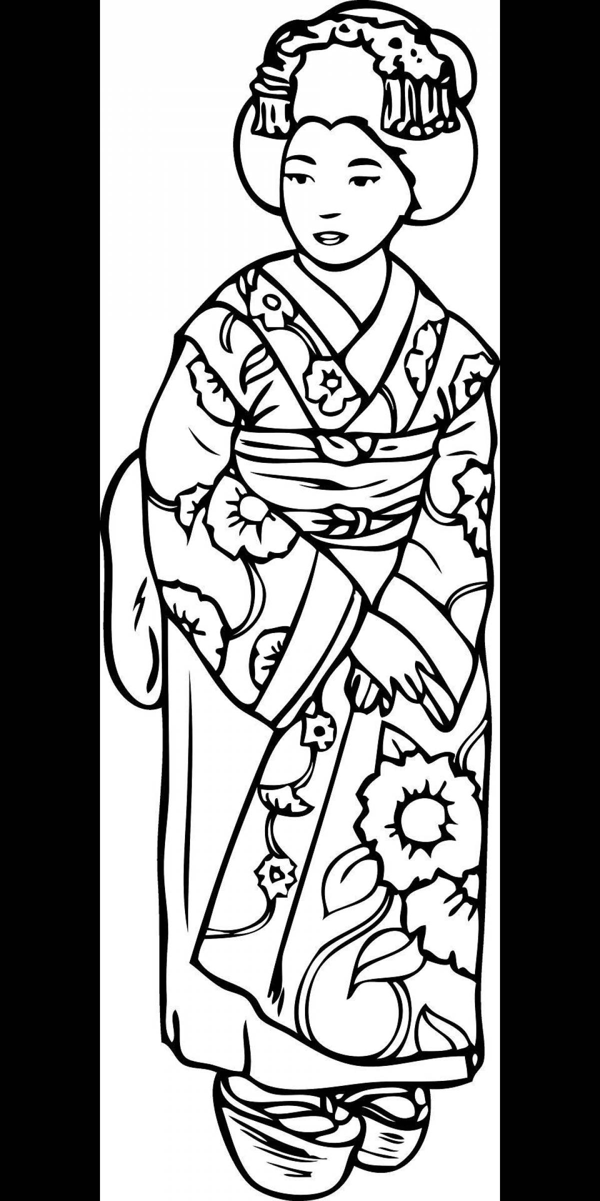 Фото Grand coloring page японка в кимоно рисунок 4 класс