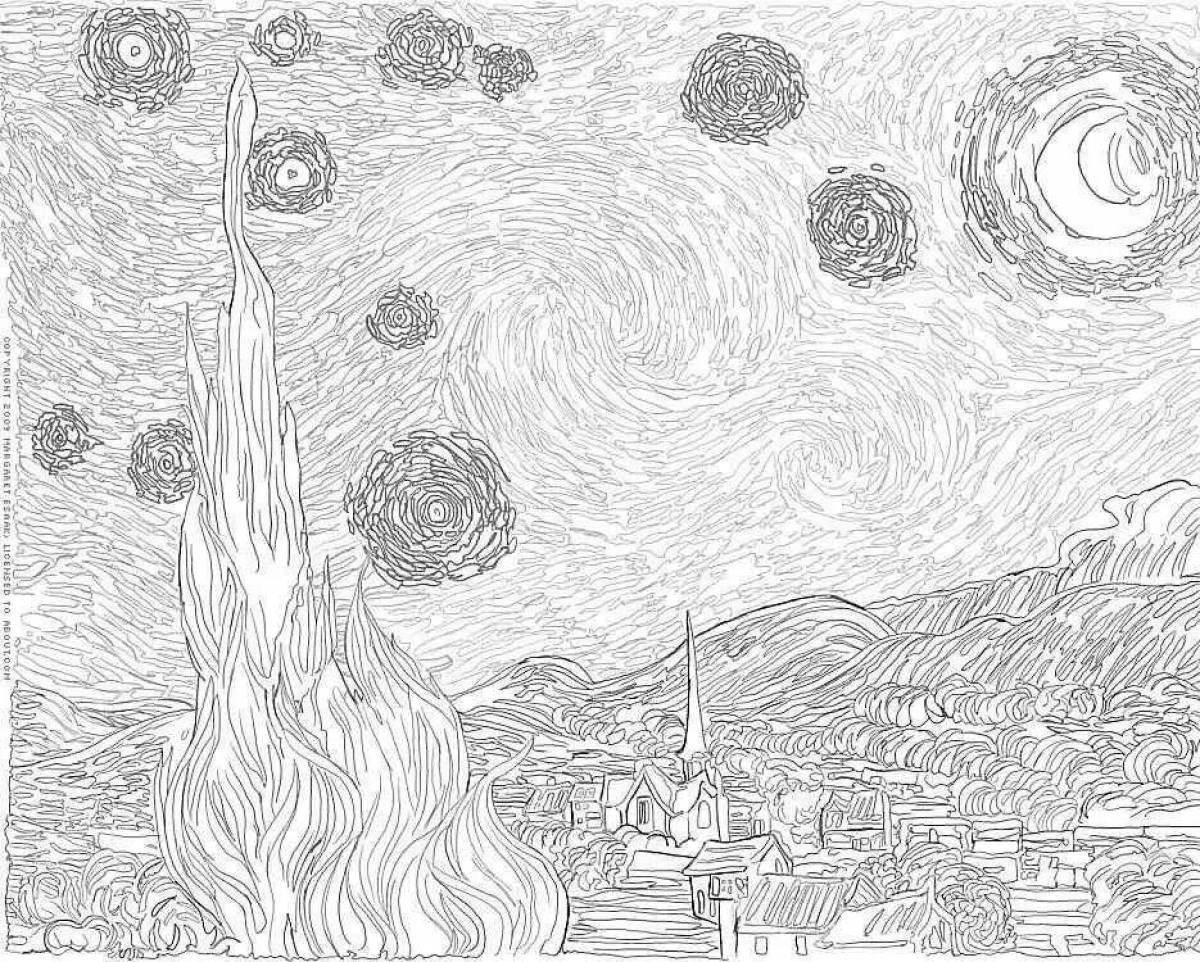 Звездная ночь Ван Гога раскраска