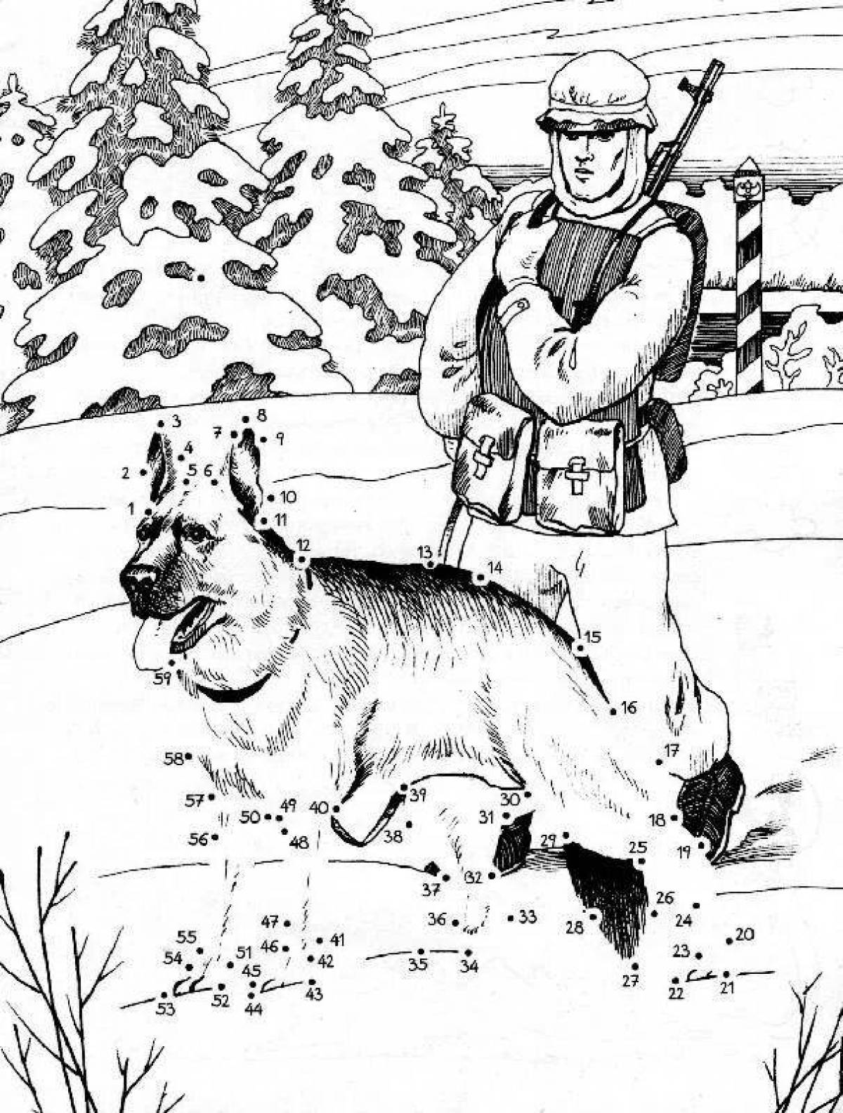 Раскраска военный с собакой для детей