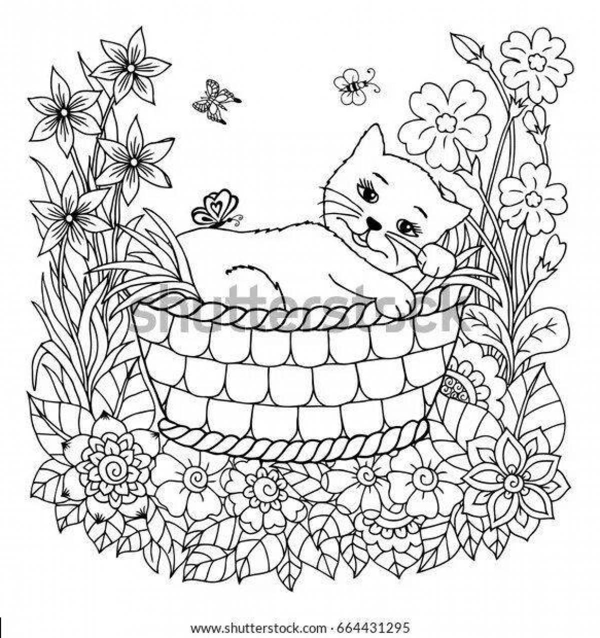 Фото Радостный кот в корзине раскраска