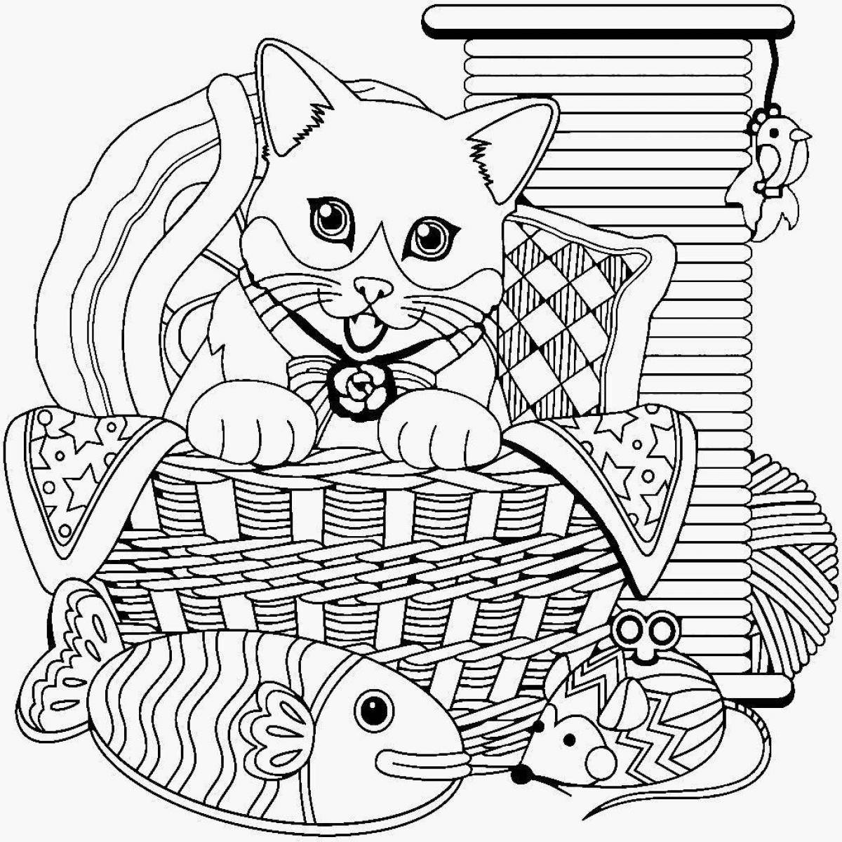 Фото Раскраска мягкий кот в корзине