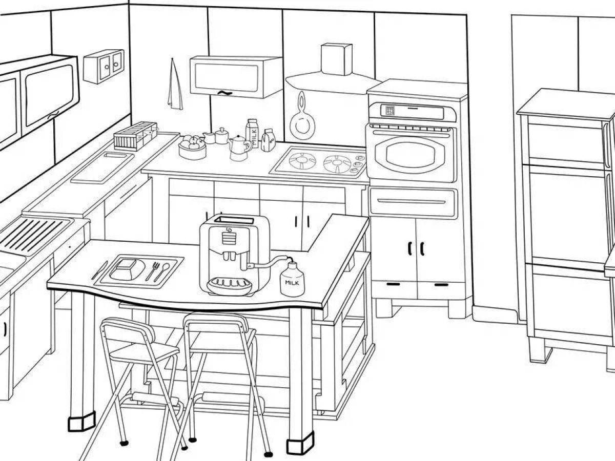 Раскраска кухня с мебелью для детей
