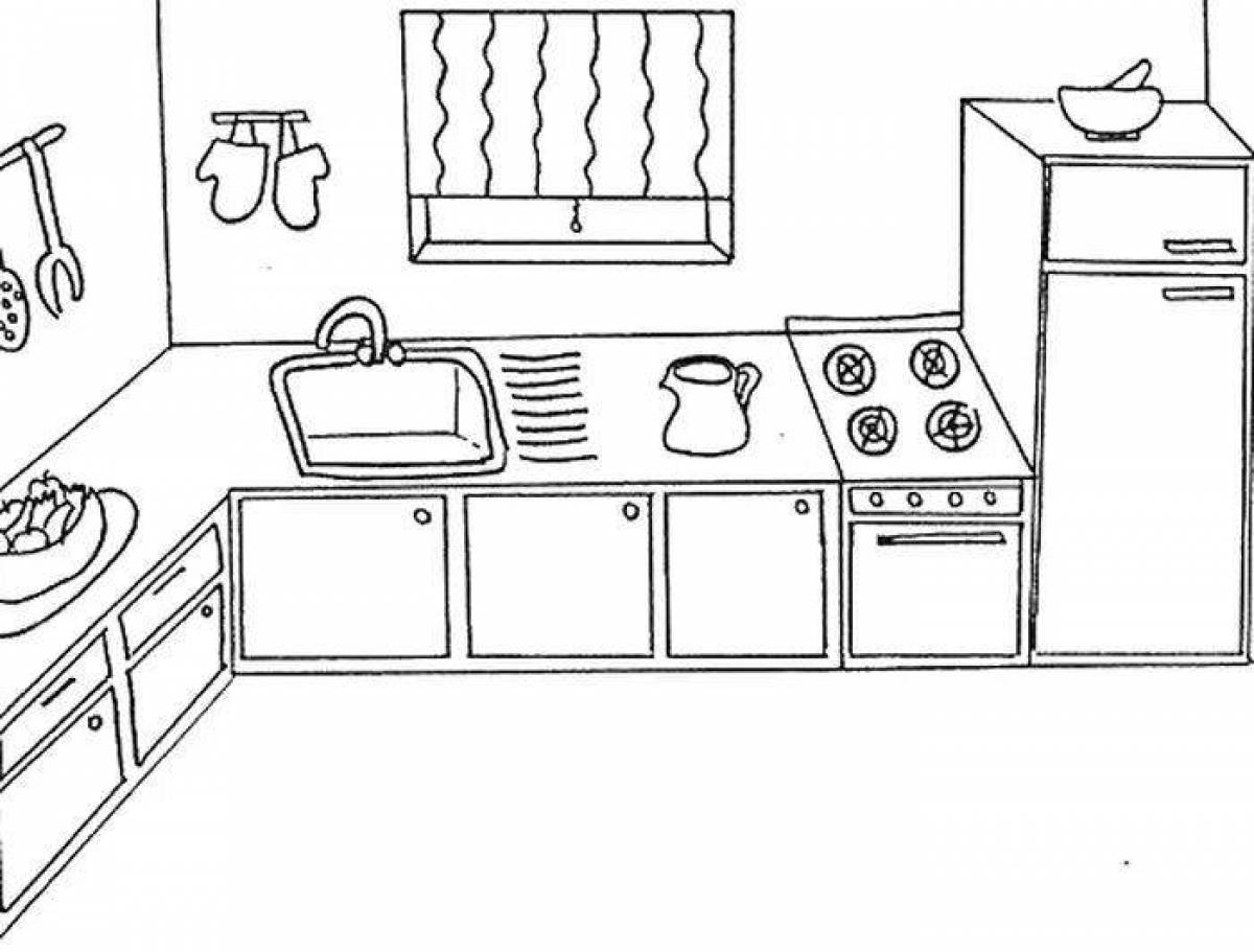 Фото Раскраска радостная бумажная кухня
