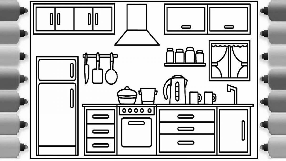 Фото Подробная страница раскраски бумажной кухни