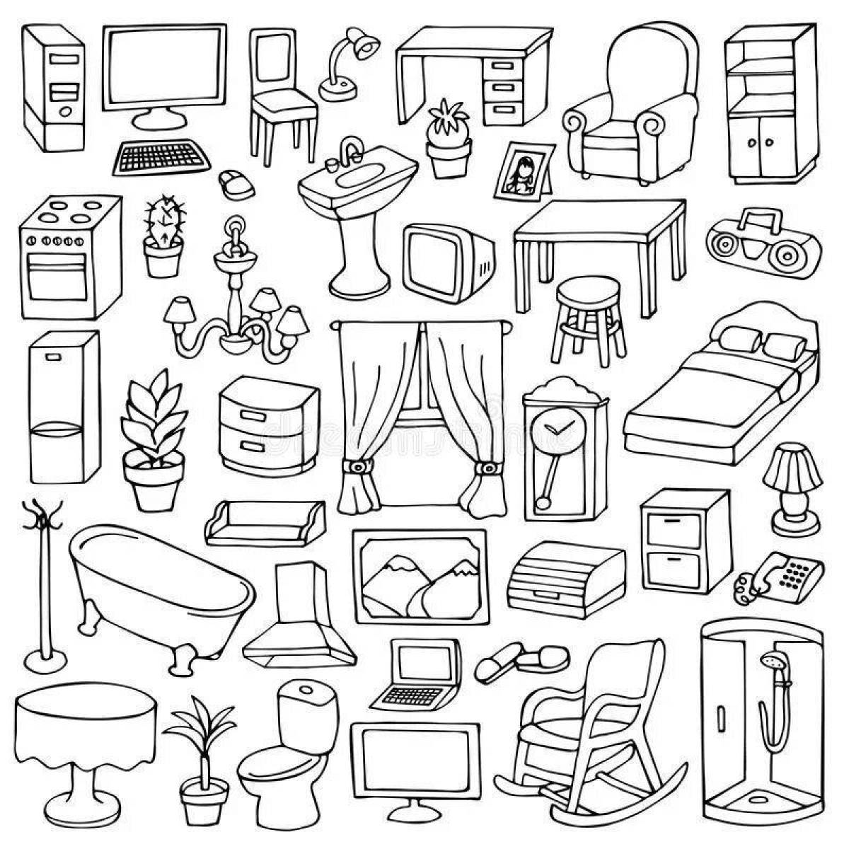 Coloring book charming pieces of furniture
