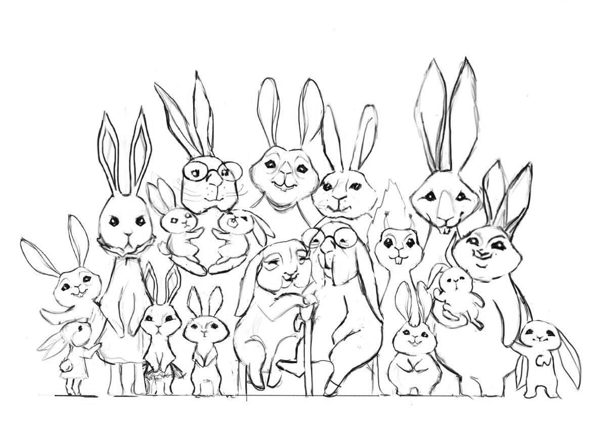 Coloring page cozy family of rabbits