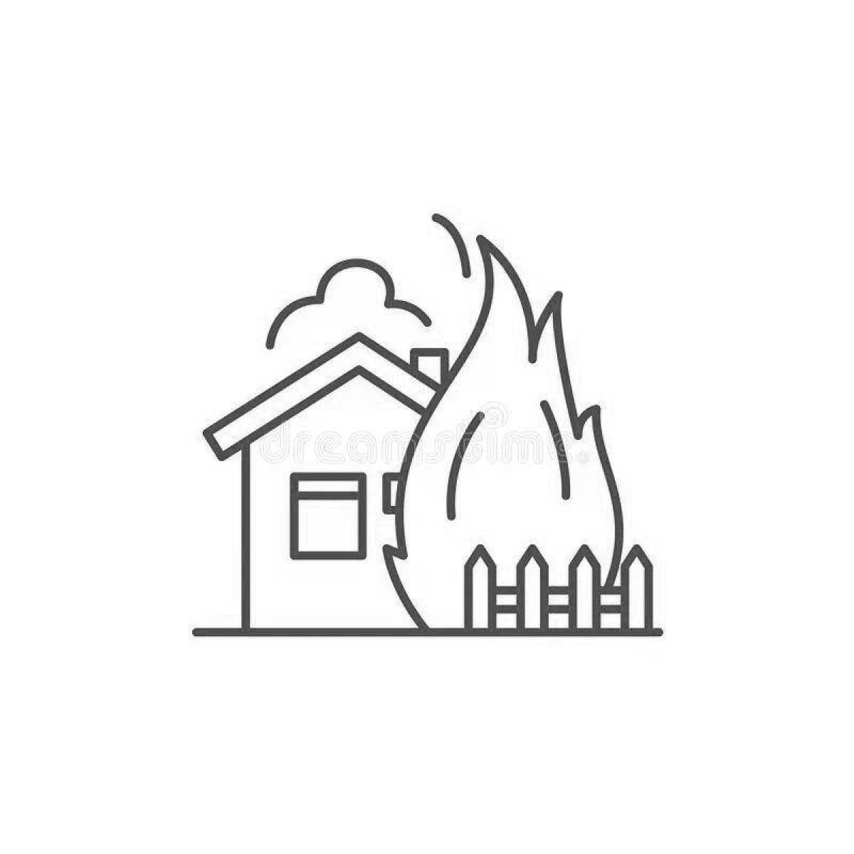 Coloring book smoldering burning house